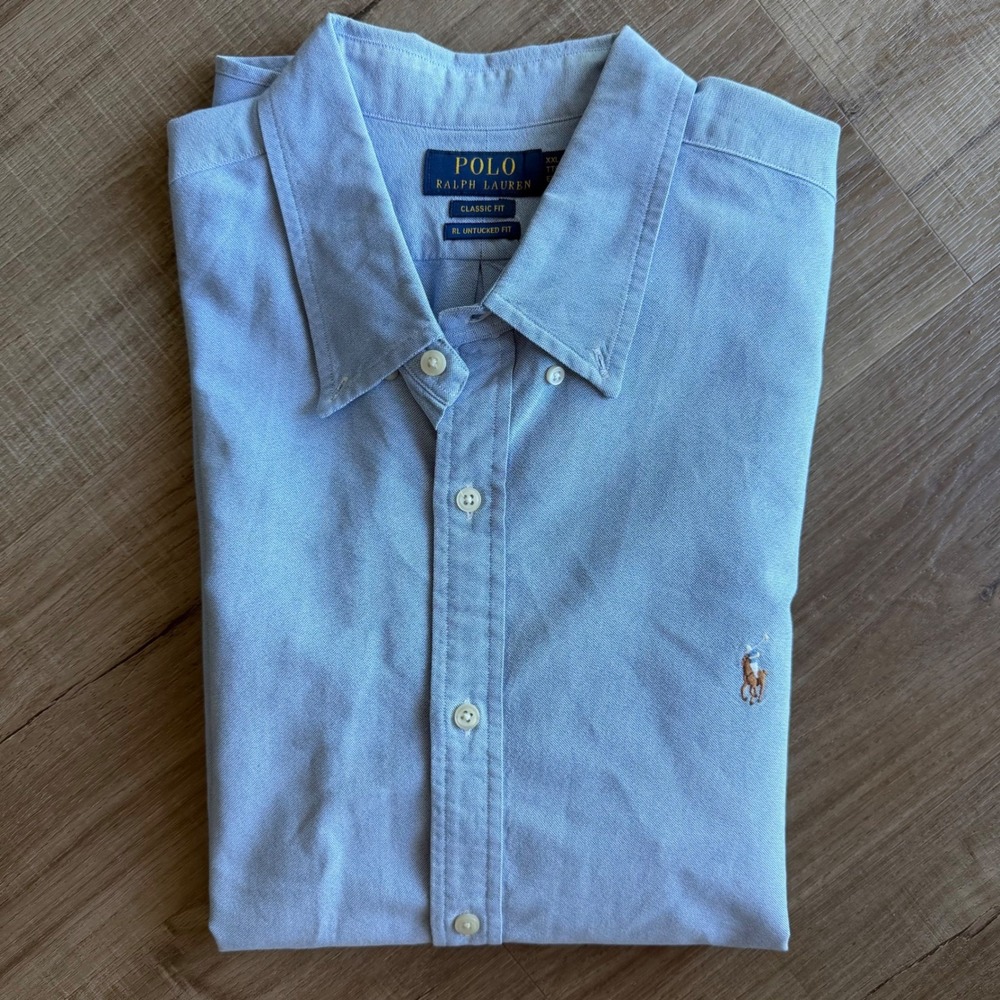Polo Ralph Lauren Mens XXL Blue Oxford Short Sleeve Shirt RL Untucked ClassicFit